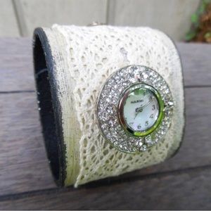 ROZY ALIZE🌹♻️Lacy Rhinestone Crystal Leather Cuff Bracelet Watch UP-CYCLED
